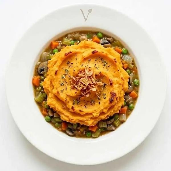 Vegetable shepards pie topped with sweet potato mash
